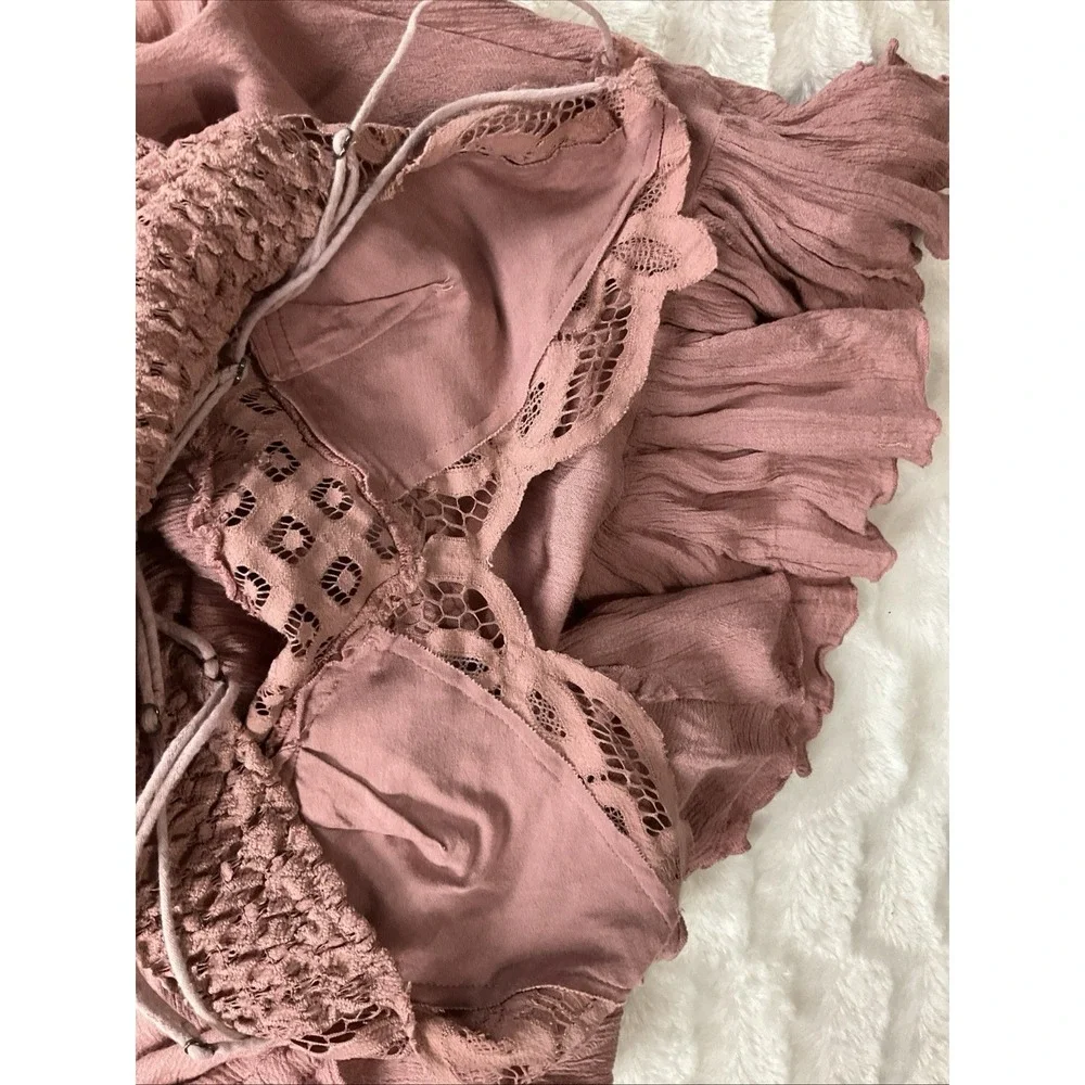 Free People One Size M Adela Dusty Rose/ Mauve Slip Dress Crocheted Lace V Neck